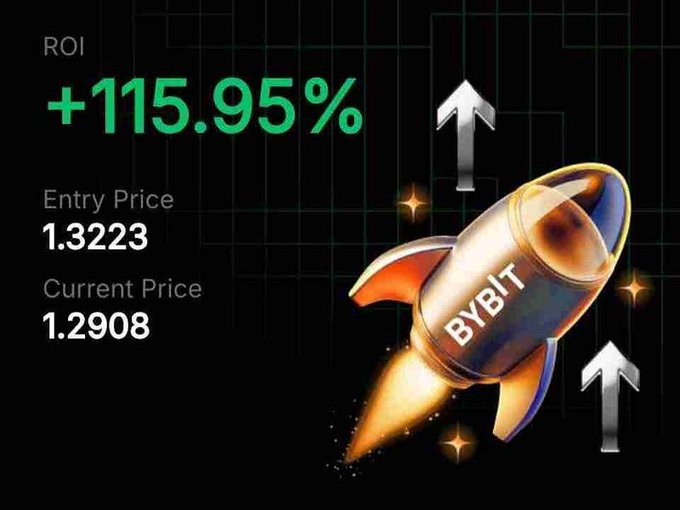 A cryptocurrency trading graphic showing a Bybit-branded rocket launching upward, displaying an ROI of +115.95% with entry price 1.3223 and current price 1.2908.