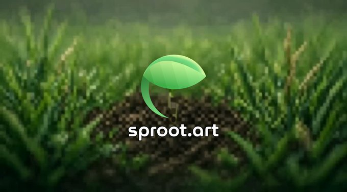 A pixelated, low-poly style animation showing a green sprout emerging from dark soil with the text 'sproot.art' displayed below.