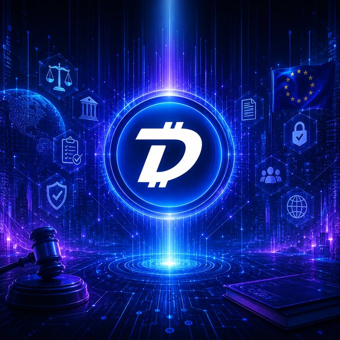 The image features a digital illustration of a courtroom scene with a judge's gavel, a book, and various symbols related to cryptocurrency and law. The main focus of the image is a blue circle containing the white Bitcoin symbol, which represents the DigiByteFORCE logo. The background of the image is filled with purple lines and dots, creating an abstract and futuristic atmosphere that complements the digital nature of the cryptocurrency world.
