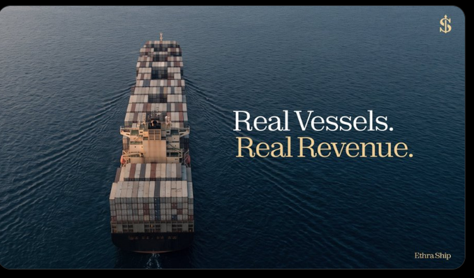An aerial advertisement shot of a container ship at sea with the text 'Real Vessels. Real Revenue.' and 'Ethra Ship' branding with a dollar sign logo.