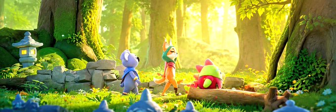 The image features a cartoon scene with three cartoon characters walking through a forest. The first character is a gray cat wearing a blue shirt, followed by two other cartoon animals - an orange fox and a pink rabbit. They are all moving together towards the right side of the image. In the background, there's a tree trunk and some rocks, adding to the forest setting.

The caption for this image reads: "Good afternoon CT The more I explore @sleepagotchi, the more the project feels like an ecosystem built around consistency, reputation, and genuine community participation".