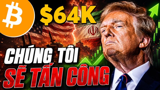 The image shows Donald Trump alongside the Bitcoin logo, a "$64K" price tag, green upward arrows, and Vietnamese text reading "CHÚNG TÔI SẼ TẤN CÔNG" ("We will attack"), with a backdrop featuring the U.S. and Iranian flags amid stormy skies. It serves as a thumbnail for a financial video about Bitcoin and the broader market rising despite geopolitical tensions.