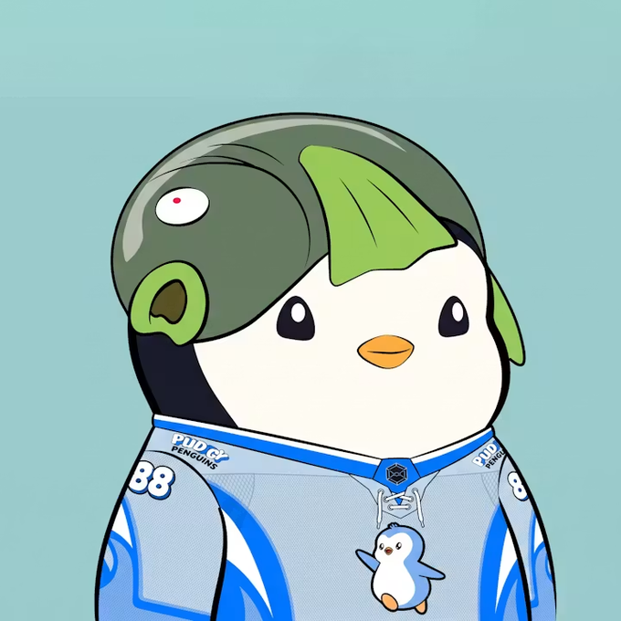 A cartoon illustration of a penguin character (Pudgy Penguins) wearing a blue and white jersey with the number 88 and a green hat.