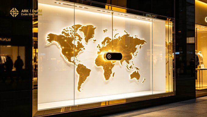 A golden world map with glowing connection lines is displayed on a sleek glass storefront, with "ARK | DeFAI" and "Code the Future" visible in the top left corner, visually reinforcing the post's message of ARK's global, borderless vision for DeFAI and AI-powered Web3 participation worldwide.