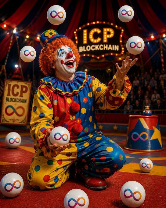 A clown in a colorful polka-dot costume juggles and holds white balls featuring an infinity logo in a circus tent, with an illuminated 'ICP BLOCKCHAIN' sign in the background.