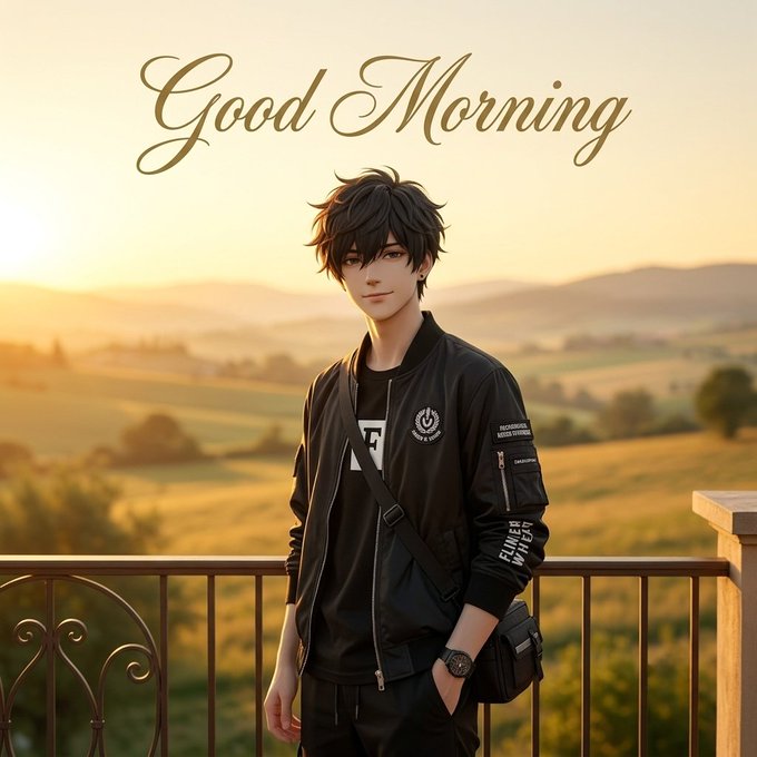 An anime-style young man with dark hair stands on a balcony overlooking rolling hills at sunset, with "Good Morning" written in elegant gold script above him, complementing the cheerful morning greeting to the $RIVER community celebrating their Season 5 points earnings.