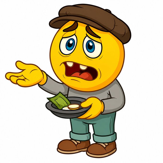 A cartoon emoji-style character with a worried expression, wearing a brown cap and gray shirt, holding a hat with a dollar bill while extending his other hand.