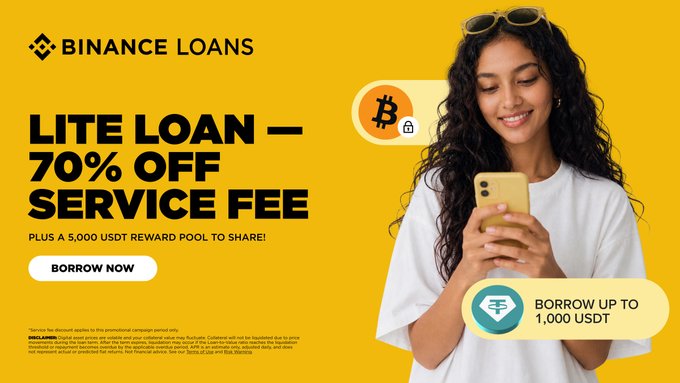 A Binance Loans promotional banner featuring a smiling woman using a smartphone against a yellow background, advertising a "Lite Loan" with 70% off service fees and a 5,000 USDT reward pool, allowing users to borrow up to 1,000 USDT using BTC as collateral.