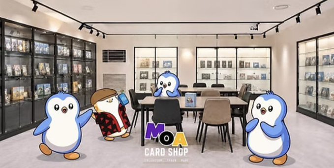 An advertisement for 'MOA Card Shop' featuring cartoon penguins overlaid on a photo of a card retail store interior.
