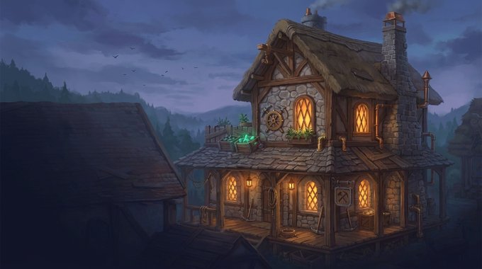 A digital illustration of a cozy, multi-story stone and wood house with glowing windows and chimneys, set against a dark blue evening sky with silhouetted trees.