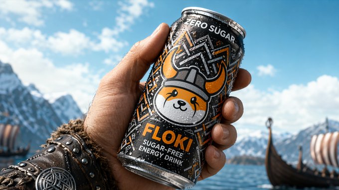 A hand clad in rugged Viking-style bracers raises a black can of "FLOKI Sugar-Free Energy Drink" (marked "Zero Sugar") against a backdrop of snow-capped fjords and longships, perfectly capturing the bold, warrior-inspired spirit of "Zero sugar. Full Viking energy."