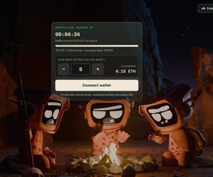 A digital raffle interface showing 'RAFFLE LIVE · CLOSES IN 00:04:34' for 0.15 ETH per entry, set against an illustration of cartoon characters around a campfire.