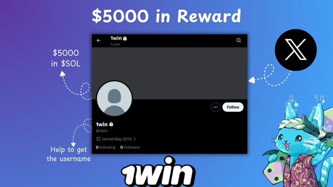 A promotional graphic announcing "$5000 in Reward" in $SOL, asking for help to acquire the username "1win" on X, accompanied by an anime-style cat character.