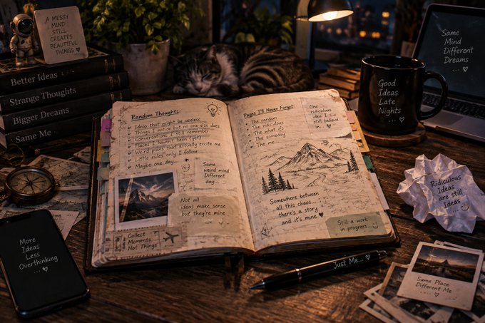 An aesthetic flat lay of an open journal filled with handwritten notes, drawings, and polaroid photos, with surrounding books titled "Better Ideas," "Strange Thoughts," "Bigger Dreams," and "Same Me," and a black mug reading "Good Ideas Late Nights."