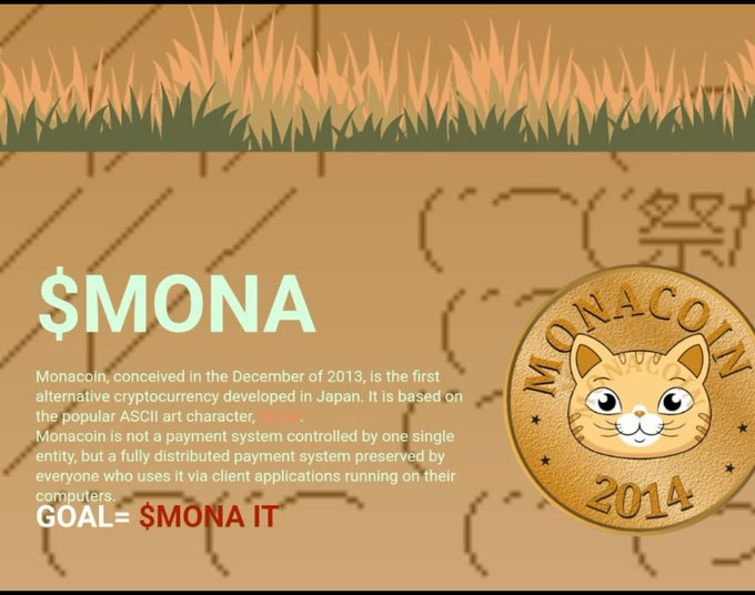 A promotional graphic for **$MONA** (Monacoin), Japan’s first altcoin developed in December 2013, features a gold coin emblazoned with a cat face and the text "MONACOIN 2014" set against a background of tall grass and faint Japanese characters. The image ties to the accompanying post by encouraging viewers to check their Solana wallet eligibility and secure a $MONA allocation before the June 4 snapshot at Monacoin.com.