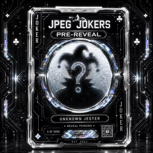 A stylized digital trading card labeled 'JPEG JOKERS PRE-REVEAL' featuring a jester silhouette with a question mark and 'UNKNOWN JESTER REVEAL PENDING'.
