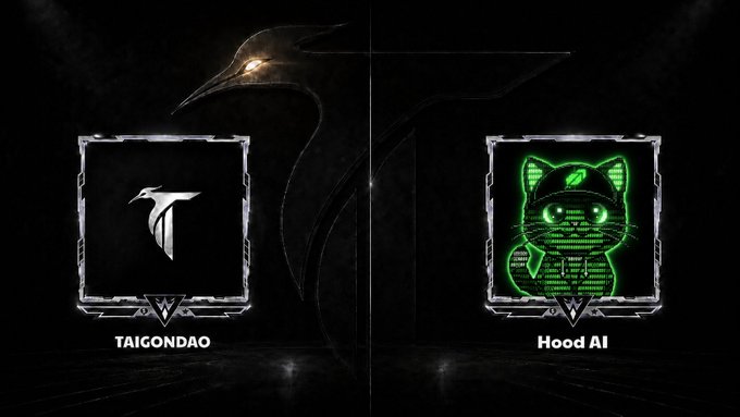 A promotional graphic for a giveaway featuring two logos side-by-side: "TAIGONDAO" on the left and "Hood AI" (depicted as a green digital hacker cat wearing a hoodie) on the right, both framed in futuristic frames against a dark background with a hooded figure watermark, supporting the 20 WL spots giveaway announcement for the Hood AI mint.