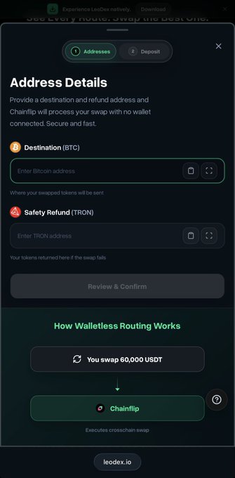 A mobile app interface showing 'Address Details' for a 'Walletless Routing' swap of 60,000 USDT via Chainflip, with fields for 'Destination (BTC)' and 'Safety Refund (TRON)' addresses.