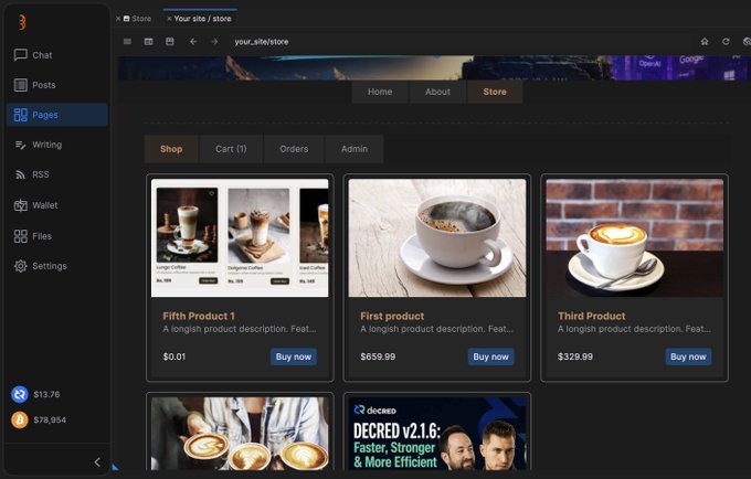 Screenshot of a dark-themed website builder/storefront dashboard showing product listings like 'Fifth Product 1' at $0.01 and 'First product' at $659.99, with a left sidebar containing options like Chat, Posts, Pages, Writing, RSS, Wallet, and Files.
