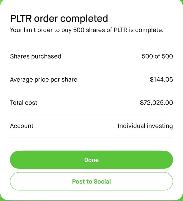 In the image, there is a screenshot of a Facebook post where Trump has written "Pltr Order Completed", "Your Limit order to buy 500 shares of PLLR is complete." The text also mentions the total cost for these shares as $500.00 and an average price per share of $44.80. The post seems to be aboutShares purchased, so it's likely related to a recent purchase by someone using the PLLR investment platform.