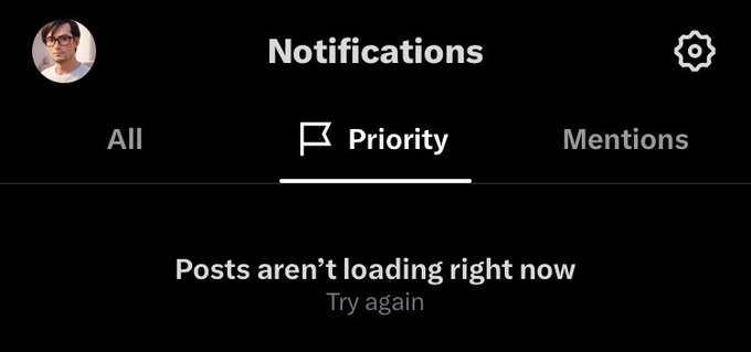 A screenshot of a mobile app's Notifications page under the 'Priority' tab, showing a user profile picture and the message 'Posts aren't loading right now' with a 'Try again' prompt.