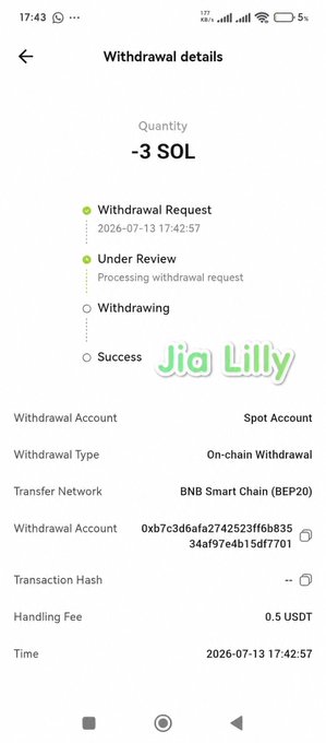 A screenshot of a withdrawal details page showing a -3 SOL transaction on BNB Smart Chain (BEP20) currently under review, with a transaction hash still pending. The image appears to be shared as proof of a SOL token withdrawal to engage users for a giveaway, matching the post's request for SOL wallet drops.
