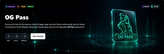 A promotional banner for the "OG Pass" by Sumex, featuring a glowing 3D card with the iconic "Thinker" statue, a countdown timer showing 11 days, 22 hours, 23 minutes remaining, and 1.48K XP / 110 SP metrics, reinforcing the post's urgency about securing the limited OG Pass and Discord role before time runs out.