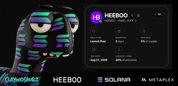 A promotional graphic for 'HEEBOO' by Claynosaurz, a 3D animated dinosaur character, showing details for a Launch Pool on Solana via Metaplex with a TGE date of August 27, 2026.