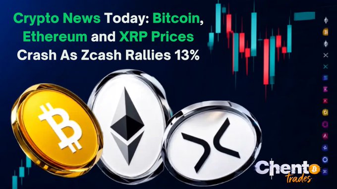 A graphic titled "Crypto News Today: Bitcoin, Ethereum and XRP Prices Crash As Zcash Rallies 13%" displays gold Bitcoin and silver Ethereum and XRP coins against a backdrop of red and green candlestick charts, illustrating the market downturn referenced in the post detailing BTC dropping below $80K and an $835B wipeout across crypto and precious metals following strong jobs data.