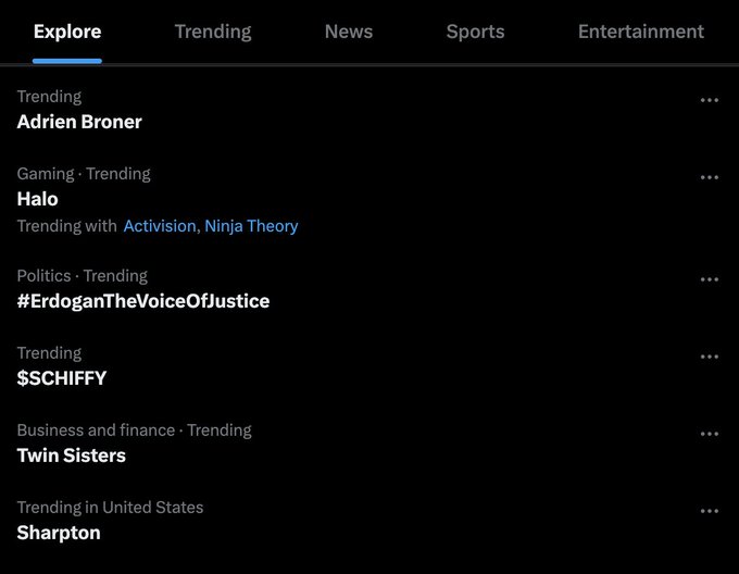 A dark-themed Twitter Explore page listing trending topics, including 'Adrien Broner', 'Halo' (trending with Activision and Ninja Theory), '#ErdoganTheVoiceOfJustice', '$SCHIFFY', 'Twin Sisters', and 'Sharpton'.