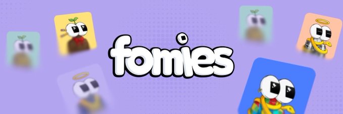 A purple promotional graphic featuring the text 'fomies' alongside cartoon character cards.