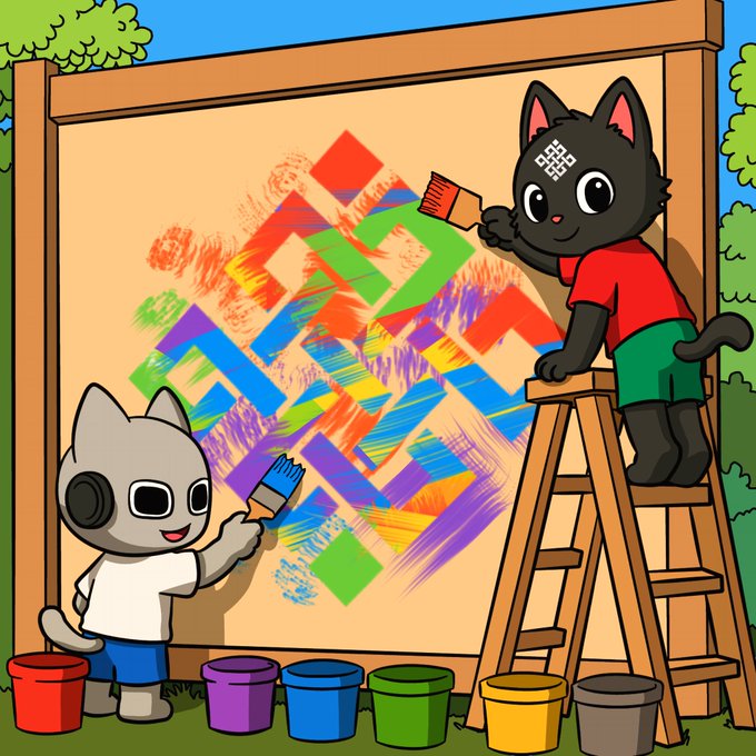 Two cartoon cats—one gray holding a paintbrush and one black wearing a red shirt perched on a ladder—collaboratively paint a colorful geometric design on a large canvas, with paint buckets lined up below, illustrating the artistic collaboration between RitualNet and InitiateNFT communities referenced in the post.