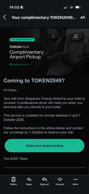 Email screenshot showing a complimentary TOKEN2049 airport pickup offer from KAST for Hristo, with a teal 'Claim your airport pickup' button.