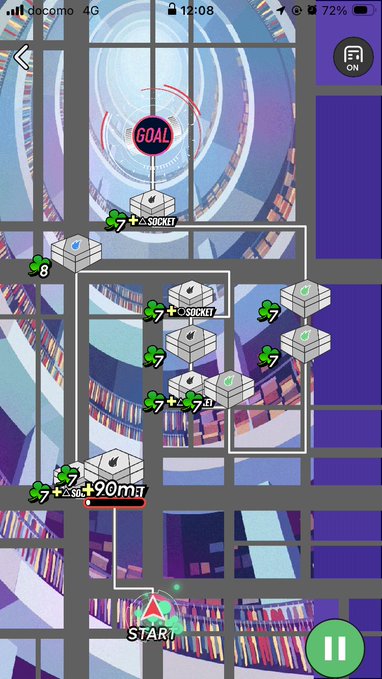 A mobile puzzle game level showing a library/bookshelf themed map with a GOAL at the top, featuring green enemy markers with stats and a START button at the bottom.