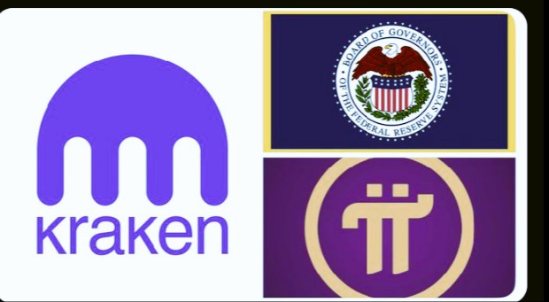A graphic showing the Kraken crypto exchange logo alongside logos for the Board of Governors of the Federal Reserve System and the Pi Network cryptocurrency.