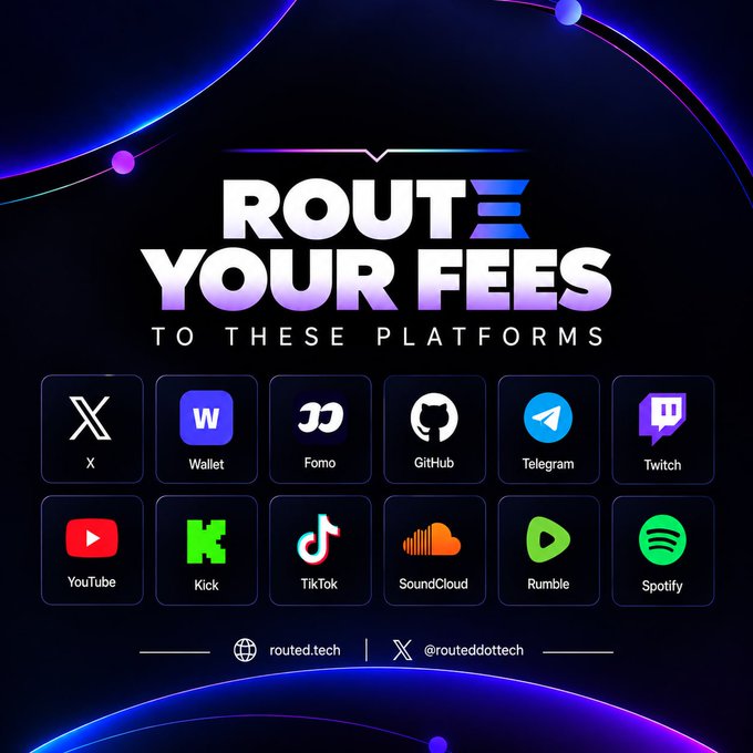 A digital advertisement with the heading 'ROUTE YOUR FEES TO THESE PLATFORMS' displaying logos for X, Wallet, Fomo, GitHub, Telegram, Twitch, YouTube, Kick, TikTok, SoundCloud, Rumble, and Spotify, with 'routed.tech' at the bottom.