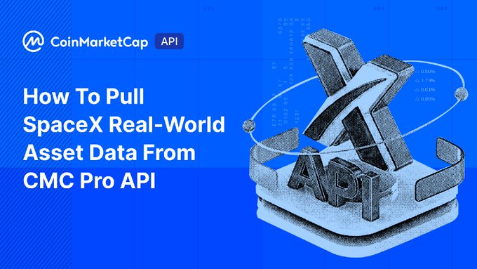 A blue promotional graphic from CoinMarketCap API featuring the headline "How To Pull SpaceX Real-World Asset Data From CMC Pro API" alongside a 3D-rendered icon of an "API" emblem orbiting with ticker data, visually introducing the tutorial on retrieving tokenized SpaceX (SPCX) RWA information via their Pro API.