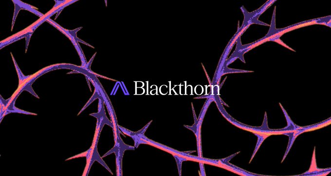 The image displays the "Blackthorn" logo with an abstract "A" symbol, surrounded by stylized thorny vines rendered in vibrant purple and pink hues against a black background. The thorny, defensive visual metaphor reinforces the post's message about Arcium Blackthorn providing a hardened, TEE-free alternative for confidential AI computing.