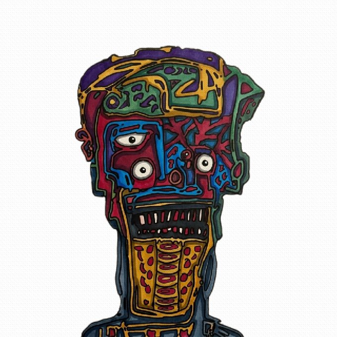 Colorful, abstract digital artwork of a stylized humanoid face with exaggerated features, including wide eyes and prominent teeth, rendered in red, blue, yellow, and green.