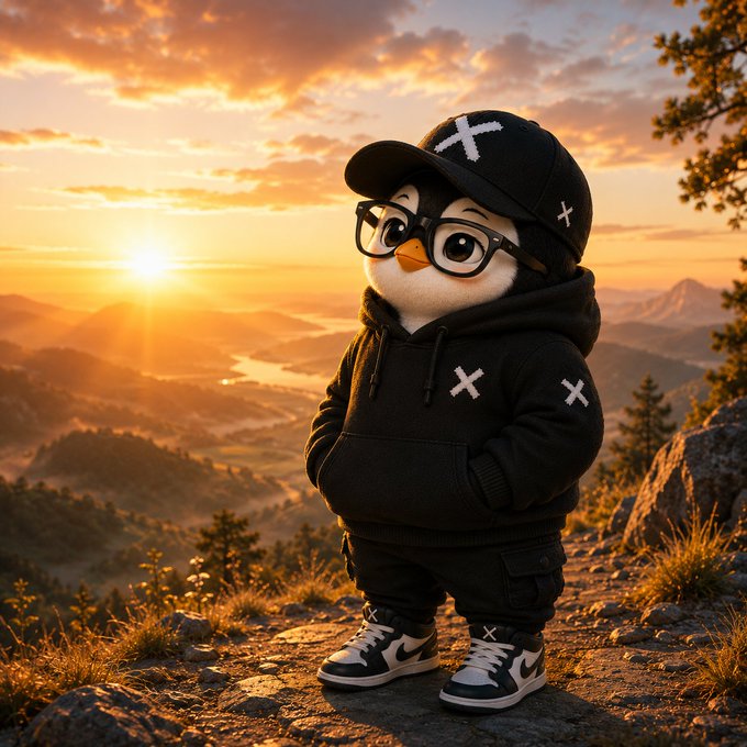 A small penguin-like character wearing black streetwear with white X logos, glasses, and sneakers stands on a rocky cliff overlooking a misty valley at golden sunset.