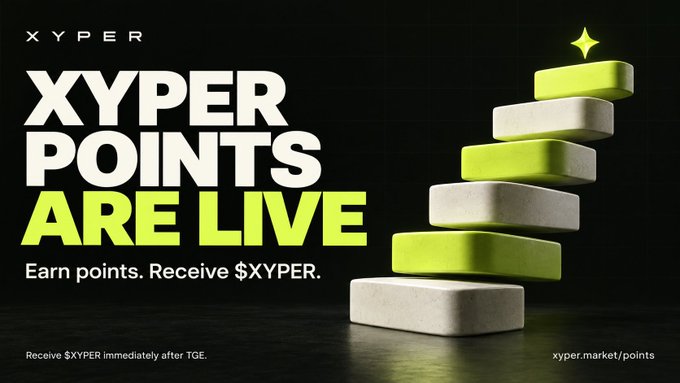 A promotional advertisement for 'XYPER POINTS ARE LIVE' with the tagline 'Earn points. Receive $XYPER' alongside the URL xyper.market/points, featuring a glowing star above the stack.