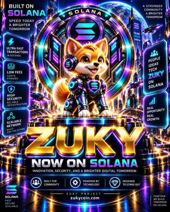 A promotional crypto advertisement for 'ZUKY' on the Solana blockchain, featuring an armored cartoon dog and listing features like 'ULTRA FAST TRANSACTIONS' and 'HIGH SECURITY' at zukycoin.com.