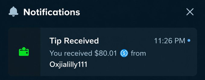 A notification panel displays a tip received of $80.01 in USDC from user Oxjialilly111 at 11:26 PM. The image serves as proof of the tip, supporting the post's claim about earning through community engagement.