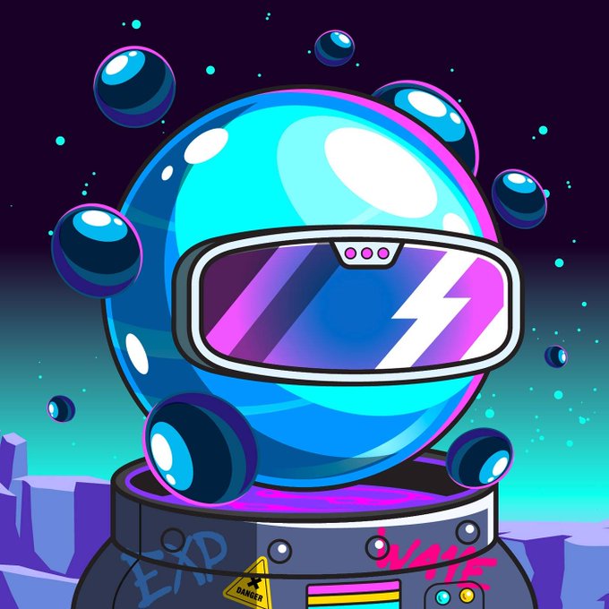 A futuristic cyan bubble character wearing a VR headset sits on a graffiti-covered pod with a "DANGER" warning, surrounded by floating orbs against a cosmic purple and teal background, visually matching the sci-fi mint announcement for the "KIYO" NFT collection.