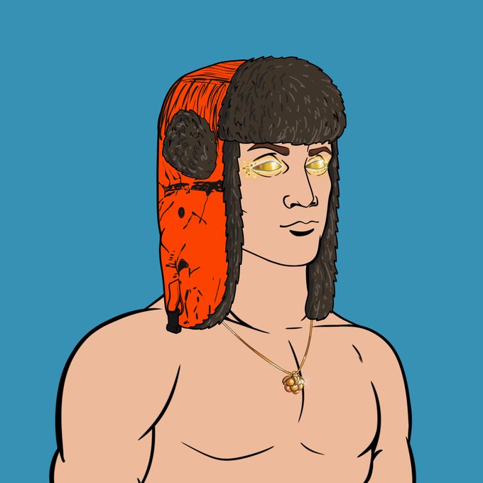 A digital illustration of a shirtless figure with long dark hair and glowing yellow eyes, wearing a distinctive red and black furry hat and a gold pendant necklace against a blue background.
