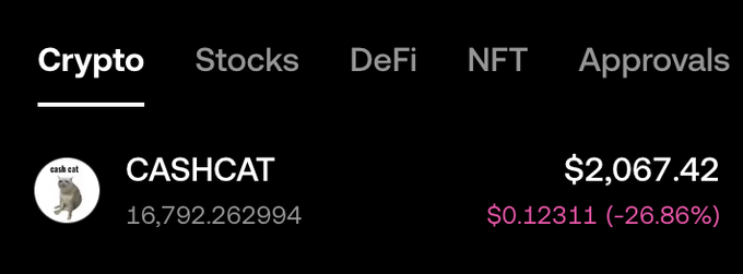 A cryptocurrency portfolio interface showing a token named 'CASHCAT' with a price of $2,067.42, though currently valued at $0.12311 with a -26.86% change.