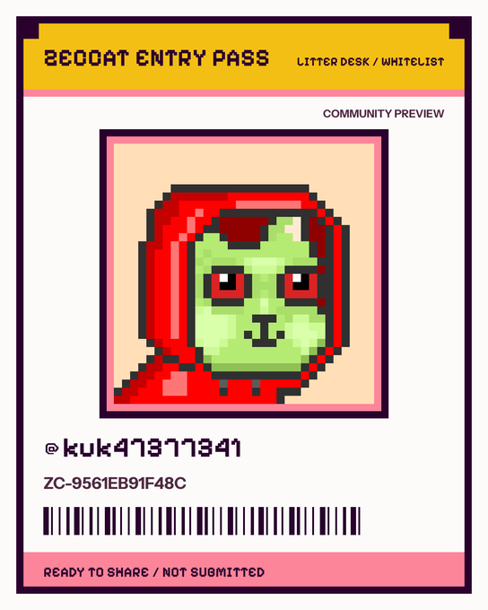 A digital entry pass titled 'BEDOAT ENTRY PASS' for a 'LITTER DESK / WHITELIST' featuring a pixel art character wearing a red hood, with the username '@kuk47171741' and identifier 'ZC-9561EB91F48C'.