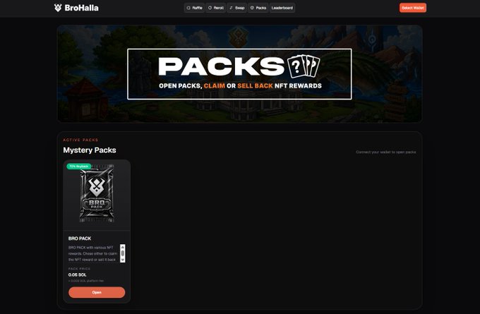 Screenshot of the BroHalia website displaying 'PACKS 2v2' NFT rewards page with a 'BRO PACK' mystery pack priced at 0.08 SOL.