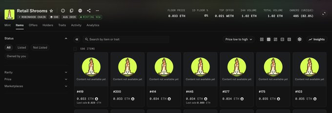 A screenshot of an NFT marketplace interface for 'Retail Shrooms' on Rosewood Chain, displaying a grid of items with mushroom avatars, floor price of 0.033 ETH, and various items listed for sale.