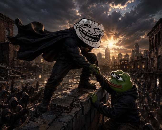 The image features a man dressed as a clown with a face painted on his head, holding onto another person who has a frog on their shoulder. The background of the image shows an urban setting with buildings and trees, creating a unique and creative atmosphere for this scene. The caption provided in the image is related to a post about trolls and seems to be promoting a troll-themed event or gathering.
